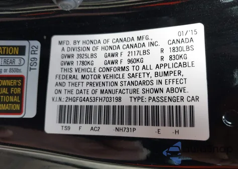 2015 Honda Civic Si z USA, uszkodzony, nr VIN 2HGFG4A53FH703198